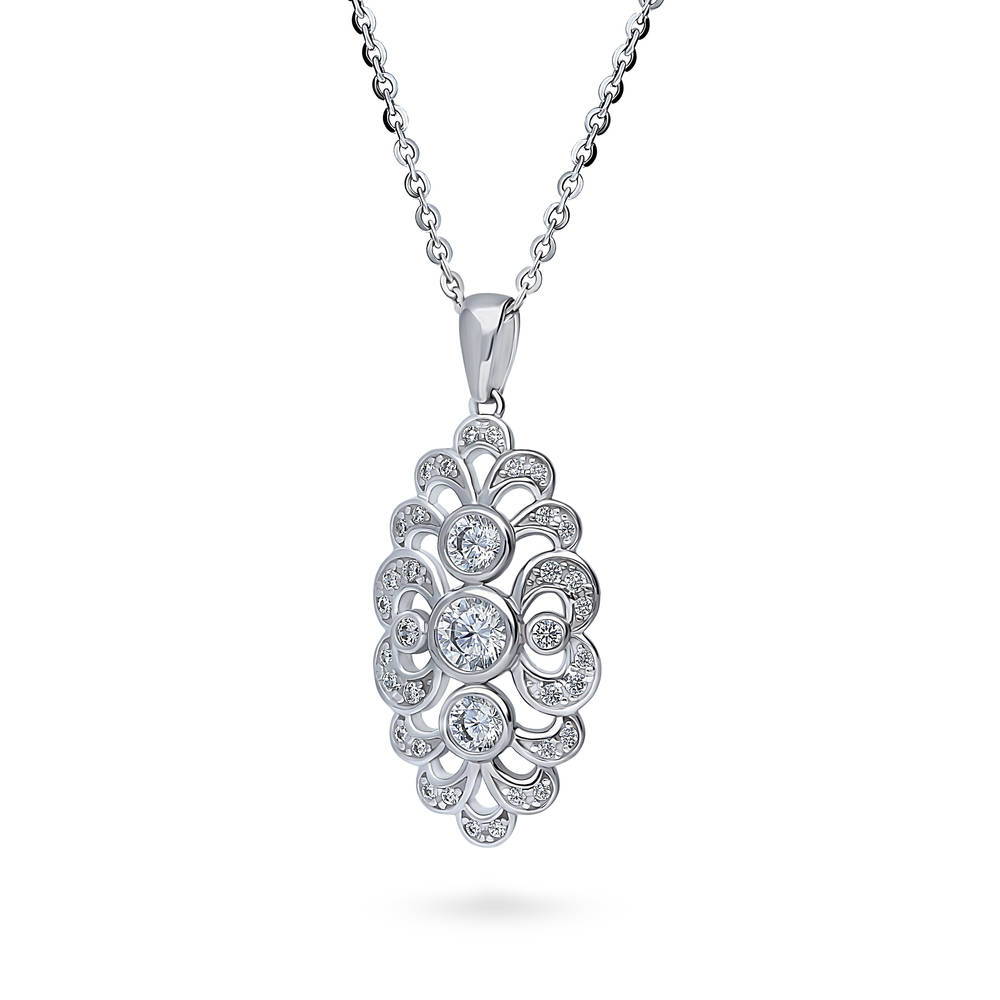 Front view of Navette Art Deco CZ Pendant Necklace in Sterling Silver, 4 of 9