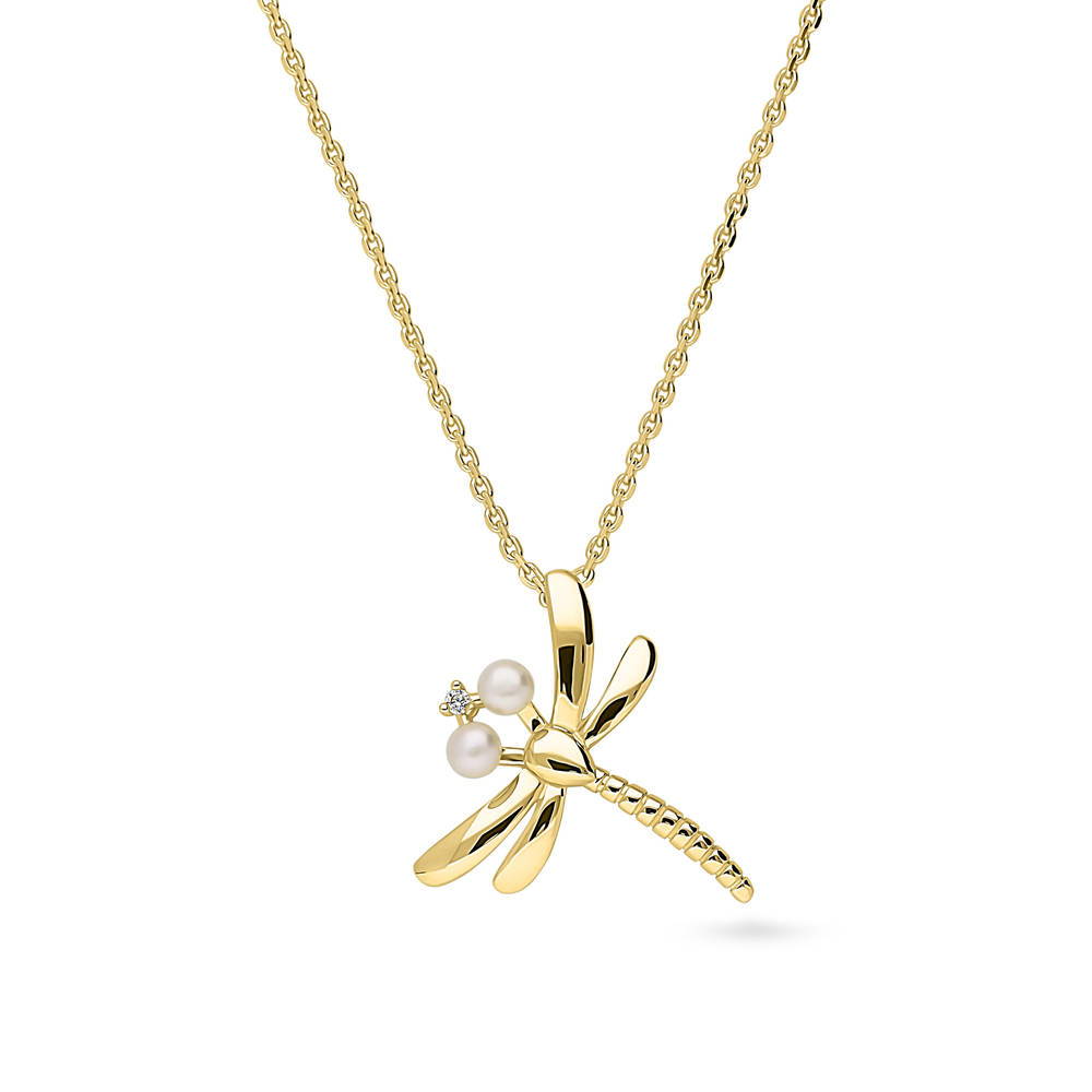 Dragonfly White Button Cultured Pearl Necklace in Sterling Silver