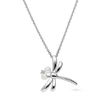 Dragonfly White Button Cultured Pearl Necklace in Sterling Silver