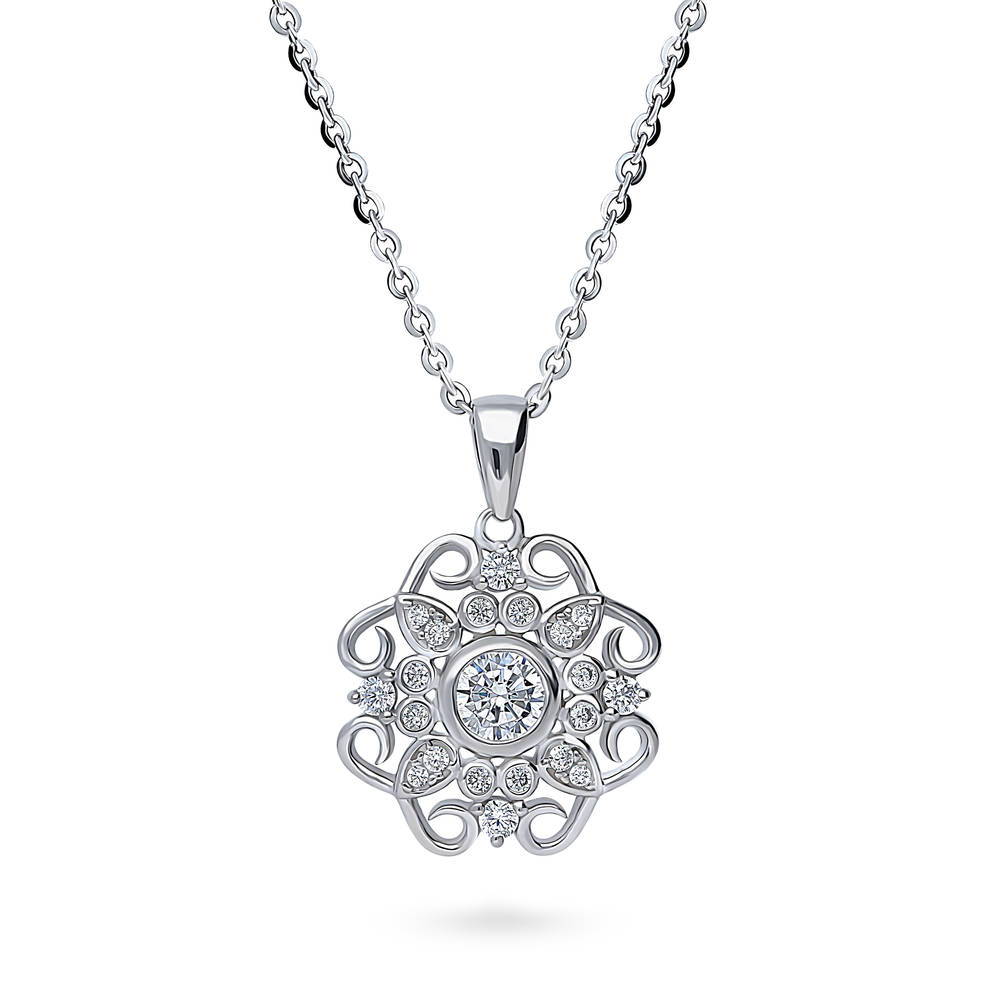 Flower Halo CZ Necklace and Earrings Set in Sterling Silver