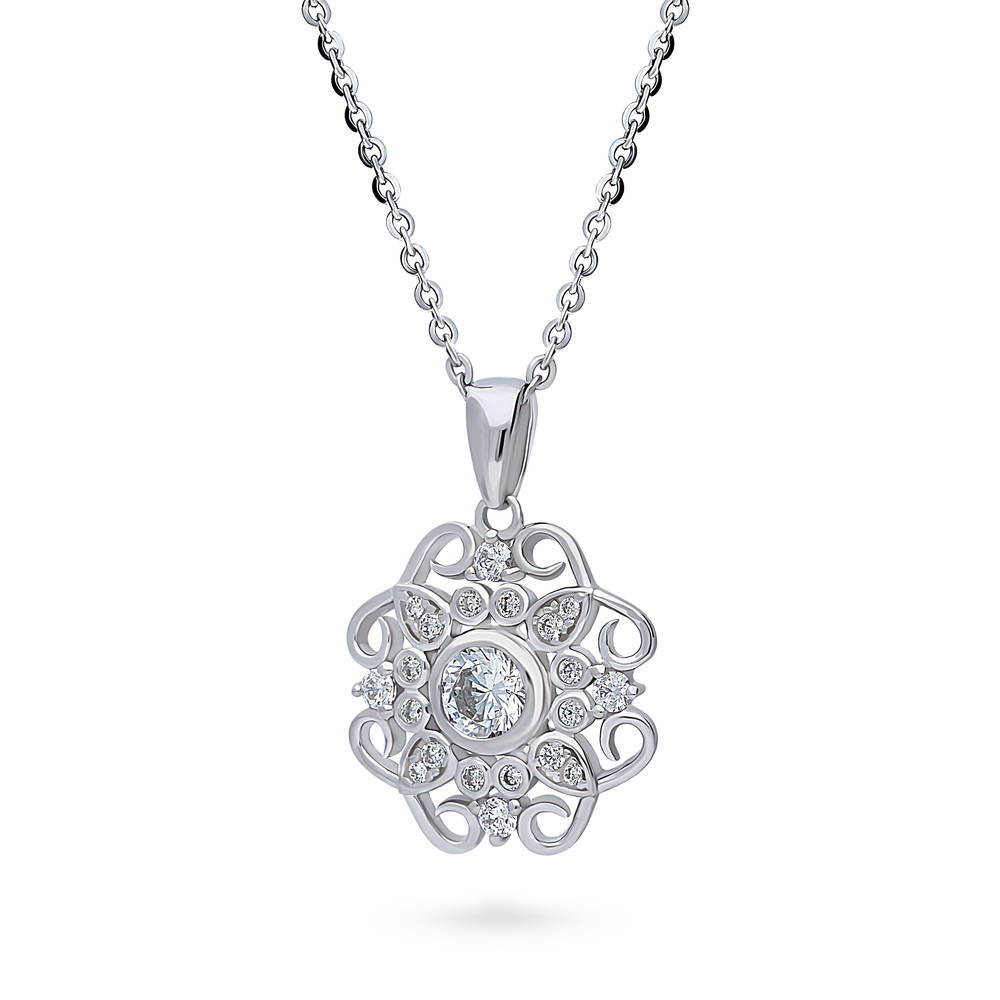 Flower Halo CZ Necklace and Earrings Set in Sterling Silver