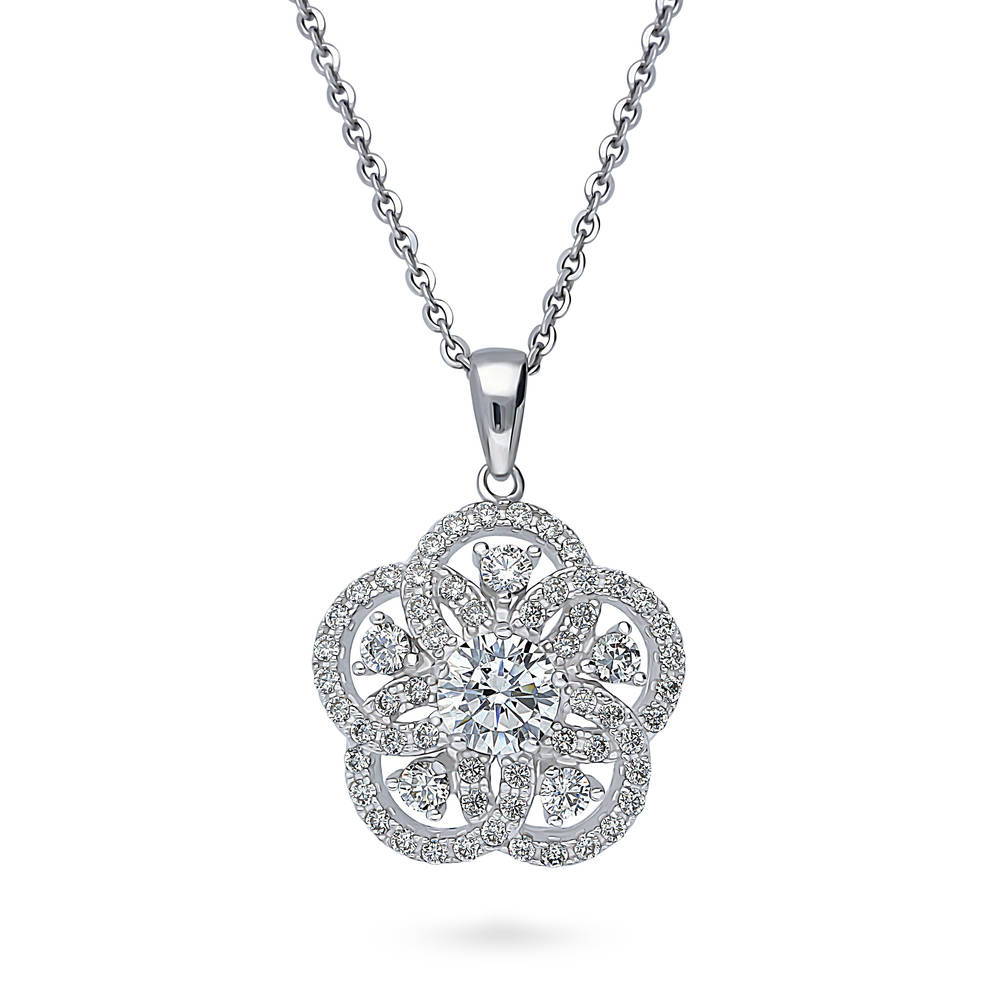 Flower CZ Statement Necklace and Earrings Set in Sterling Silver