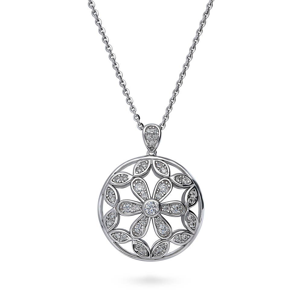 Flower Medallion CZ Pendant Necklace in Sterling Silver