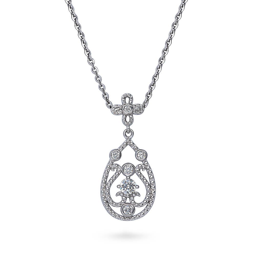 Art Deco Milgrain CZ Pendant Necklace in Sterling Silver, 1 of 5
