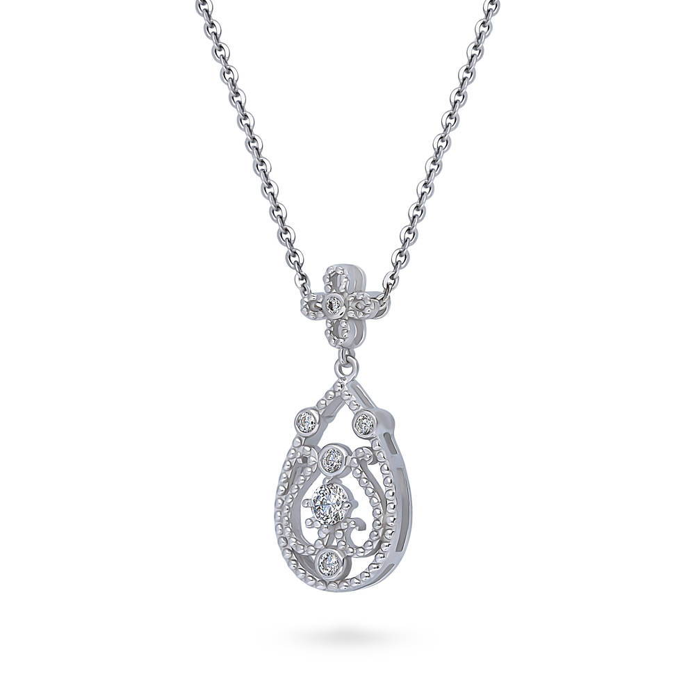 Front view of Art Deco Milgrain CZ Pendant Necklace in Sterling Silver, 4 of 5