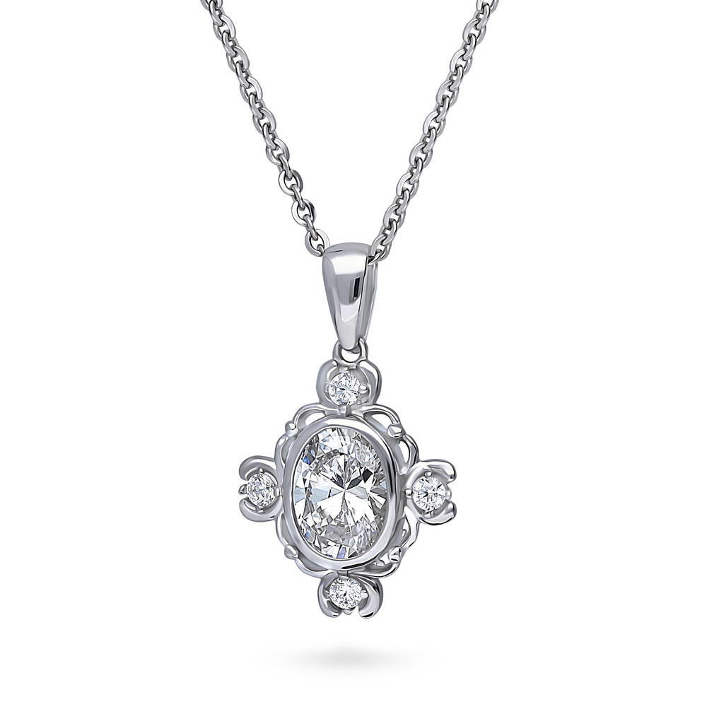 Flower Art Deco CZ Necklace and Earrings Set in Sterling Silver