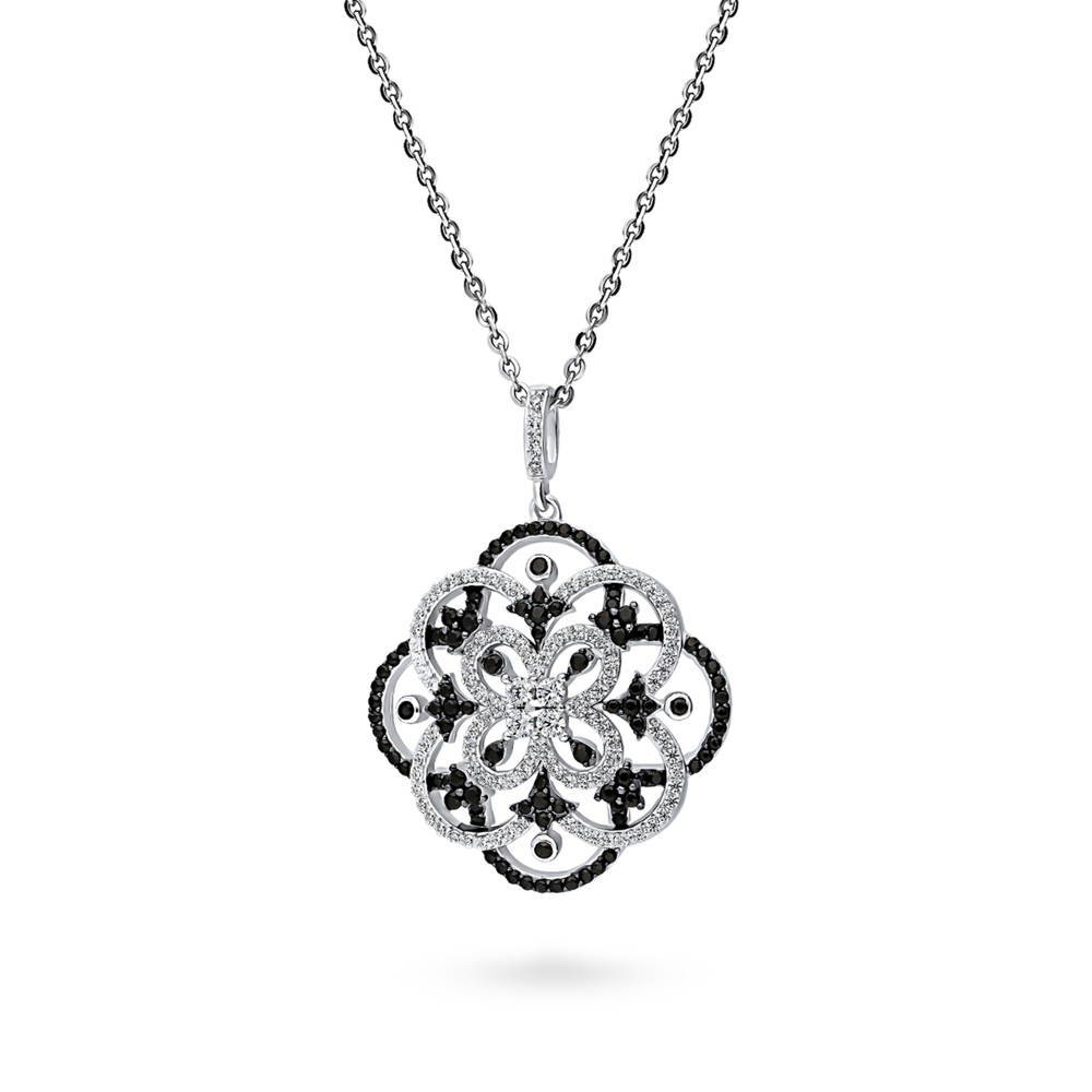 Flower Black and White CZ Statement Pendant Necklace in Sterling Silver