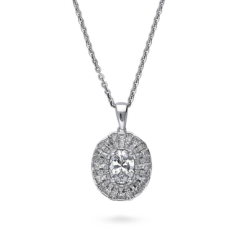 Halo Art Deco Oval CZ Necklace and Earrings Set in Sterling Silver