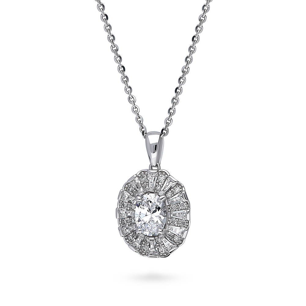 Halo Art Deco Oval CZ Necklace and Earrings Set in Sterling Silver