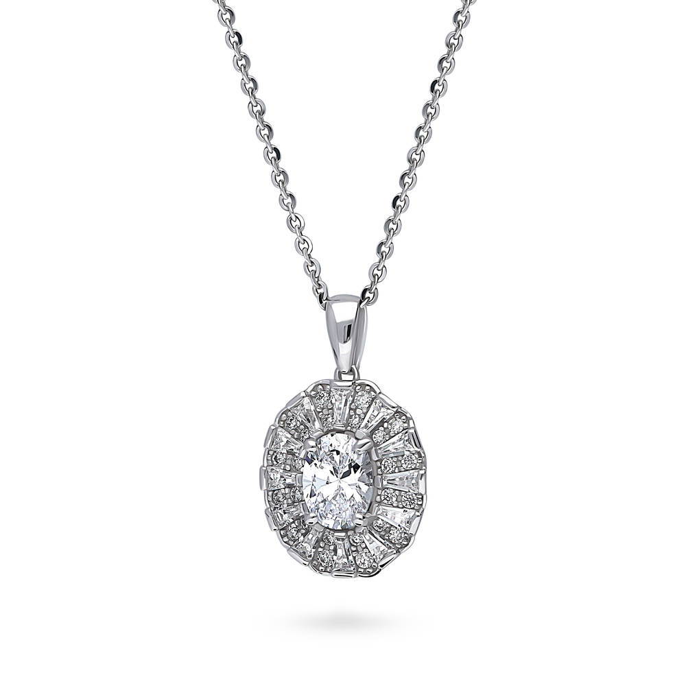 Front view of Halo Art Deco Oval CZ Necklace and Earrings Set in Sterling Silver, 8 of 9