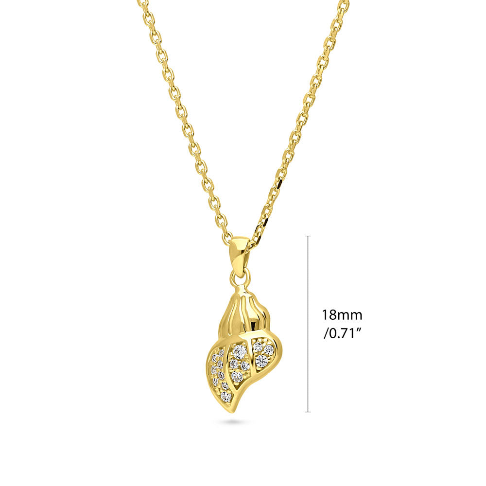 Front view of Seashell CZ Pendant Necklace in Sterling Silver, Yellow Gold Flashed