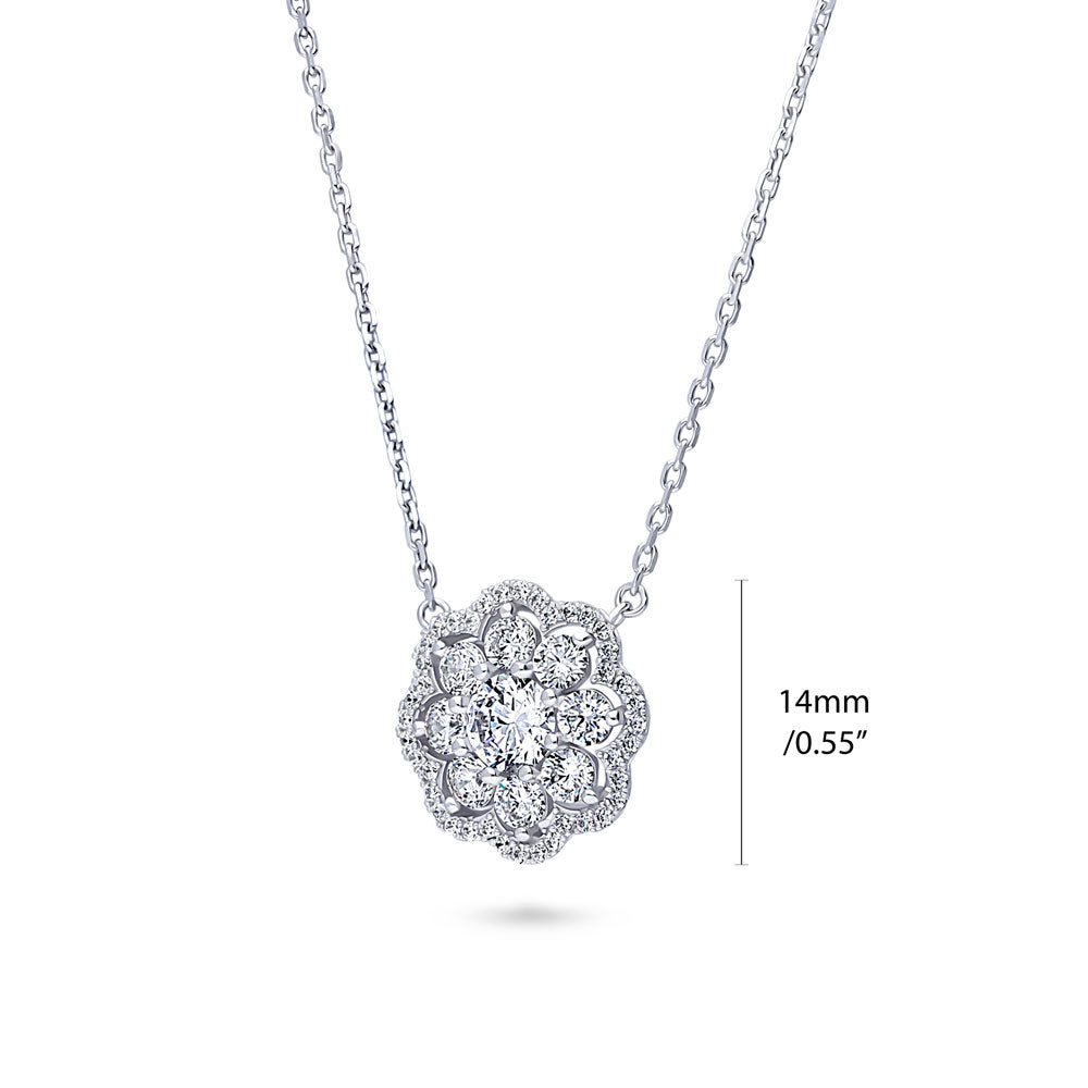 Flower Halo CZ Pendant Necklace in Sterling Silver