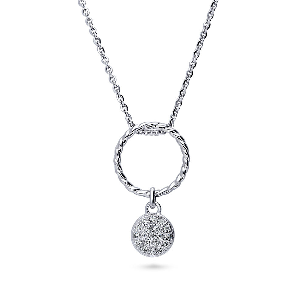 Open Circle Cable Coin CZ Necklace in Sterling Silver