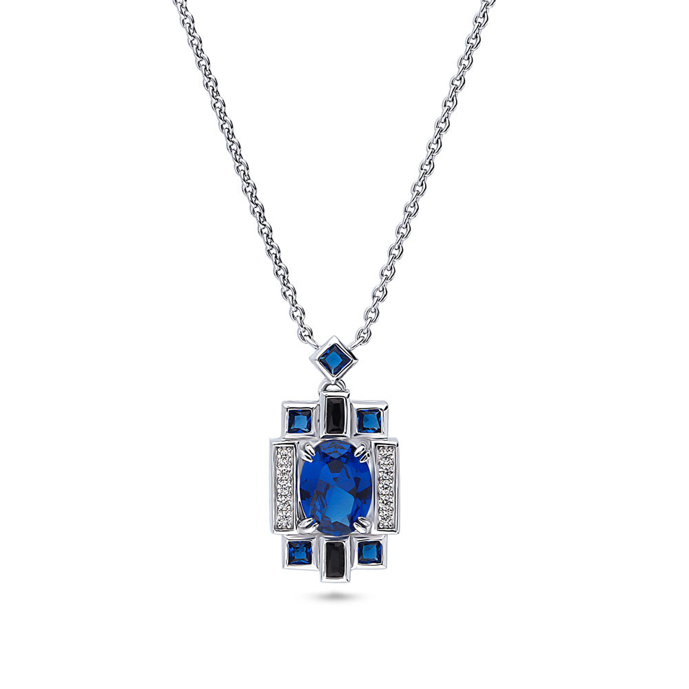 Art Deco Simulated Blue Sapphire CZ Pendant Necklace in Sterling Silver