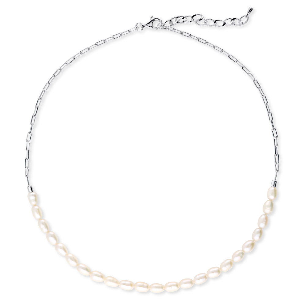 Paperclip White Oval Cultured Pearl Chain Necklace in Sterling Silver