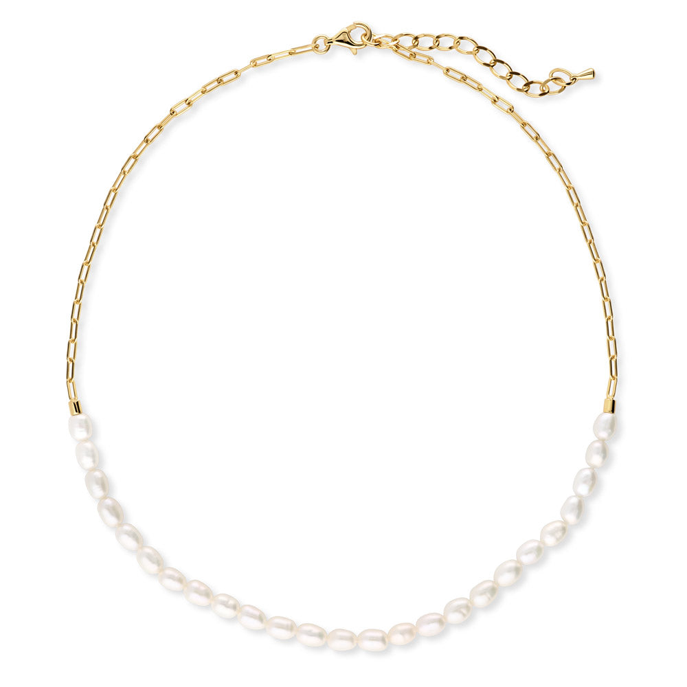 Paperclip White Oval Cultured Pearl Chain Necklace in Sterling Silver