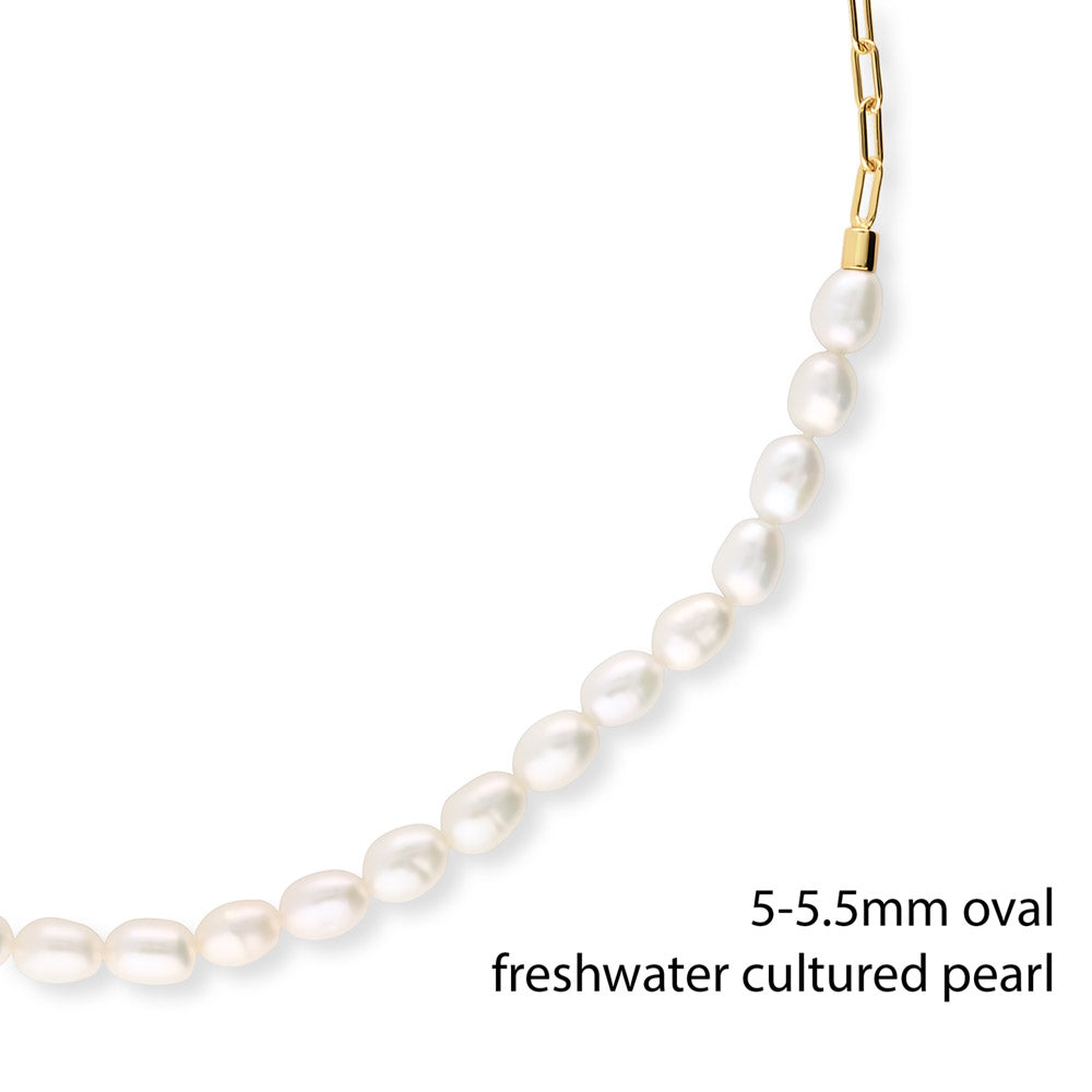Paperclip White Oval Cultured Pearl Chain Necklace in Sterling Silver