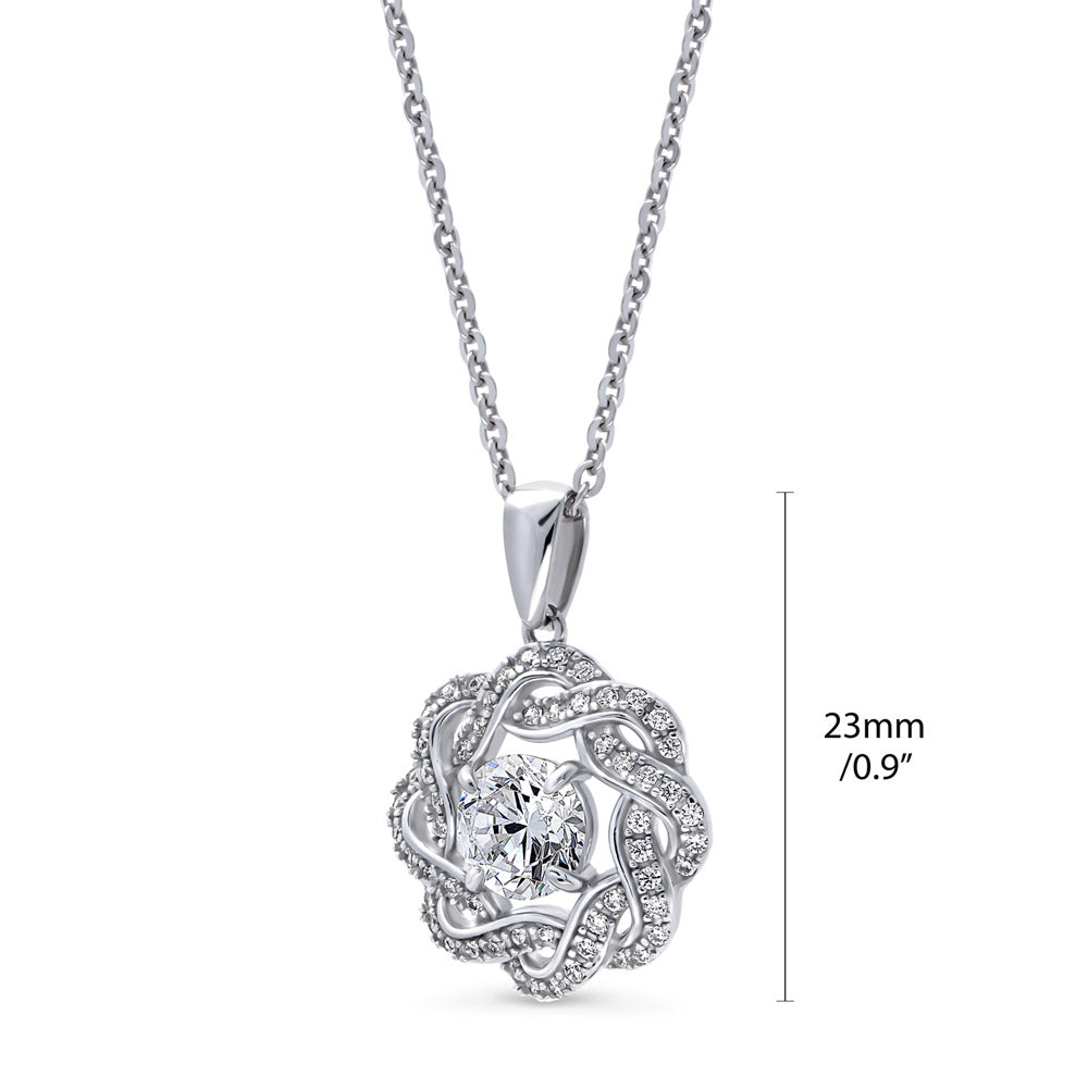 Front view of Flower Ribbon CZ Necklace and Earrings Set in Sterling Silver, 9 of 11