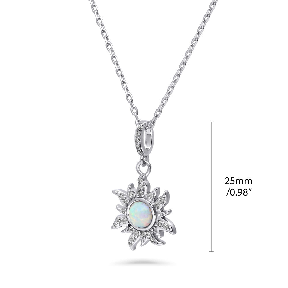 Sunburst Halo Simulated Opal CZ Pendant Necklace in Sterling Silver
