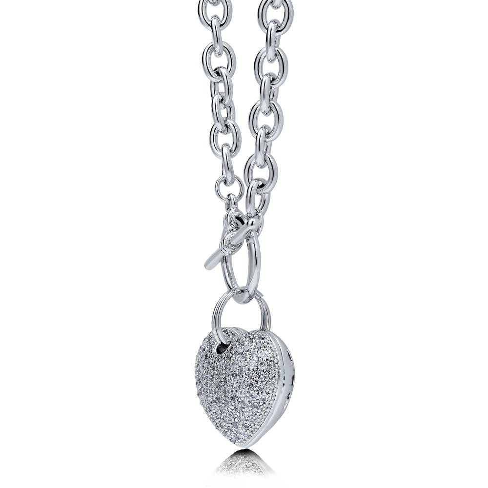 Front view of Heart CZ Necklace Earrings and Bracelet Set in Silver-Tone, 12 of 18