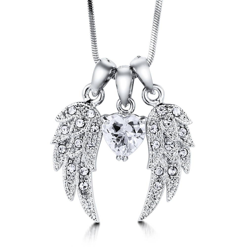 Front view of Angel Wings CZ Necklace and Earrings Set in Silver-Tone, 6 of 8