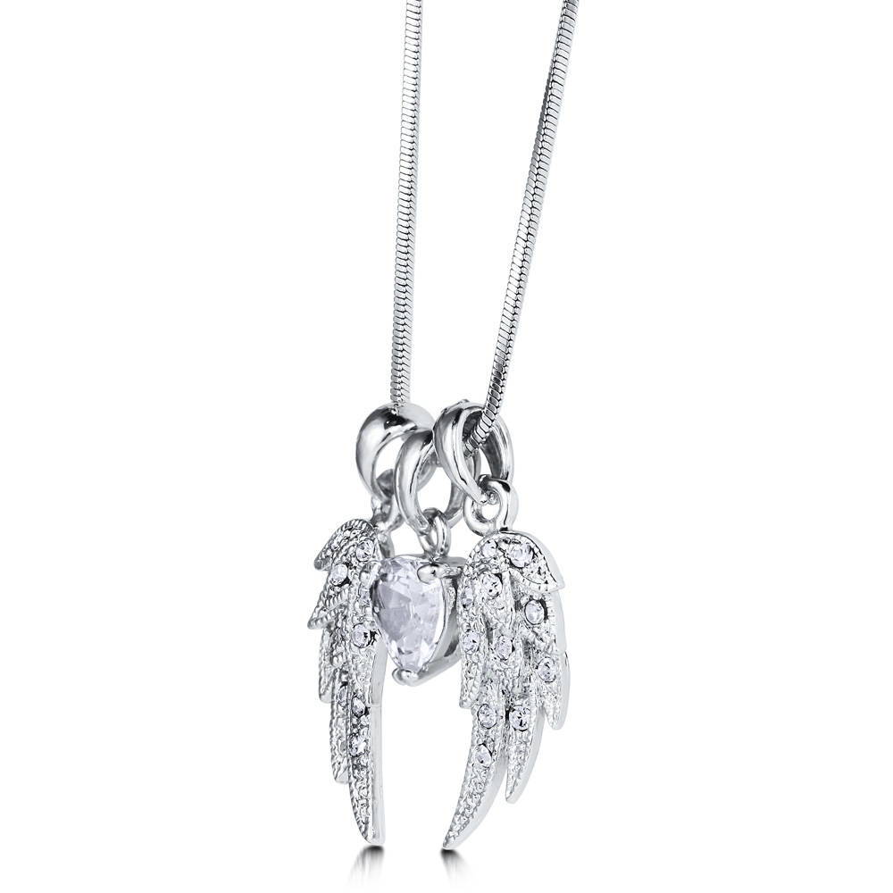 Angle view of Angel Wings CZ Necklace and Earrings Set in Silver-Tone, 7 of 8