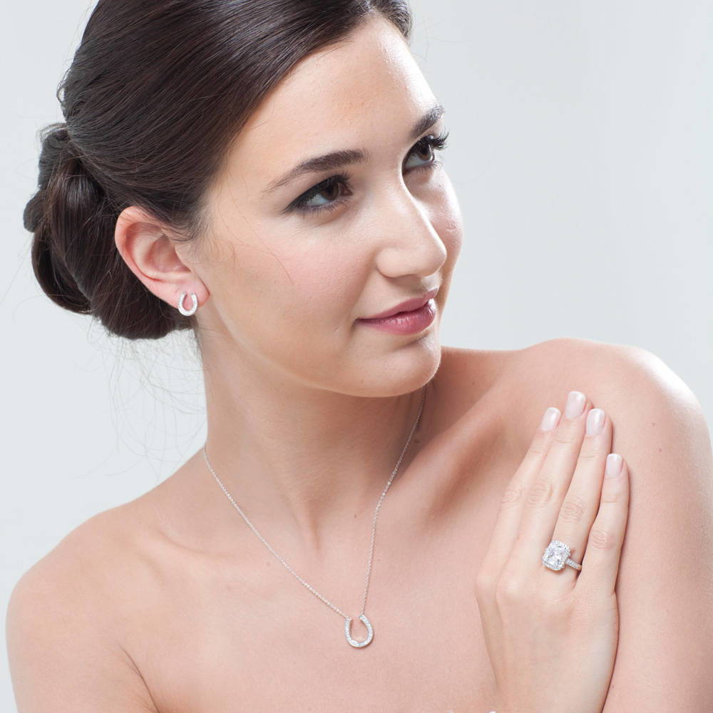 Horseshoe CZ Stud Earrings in Sterling Silver