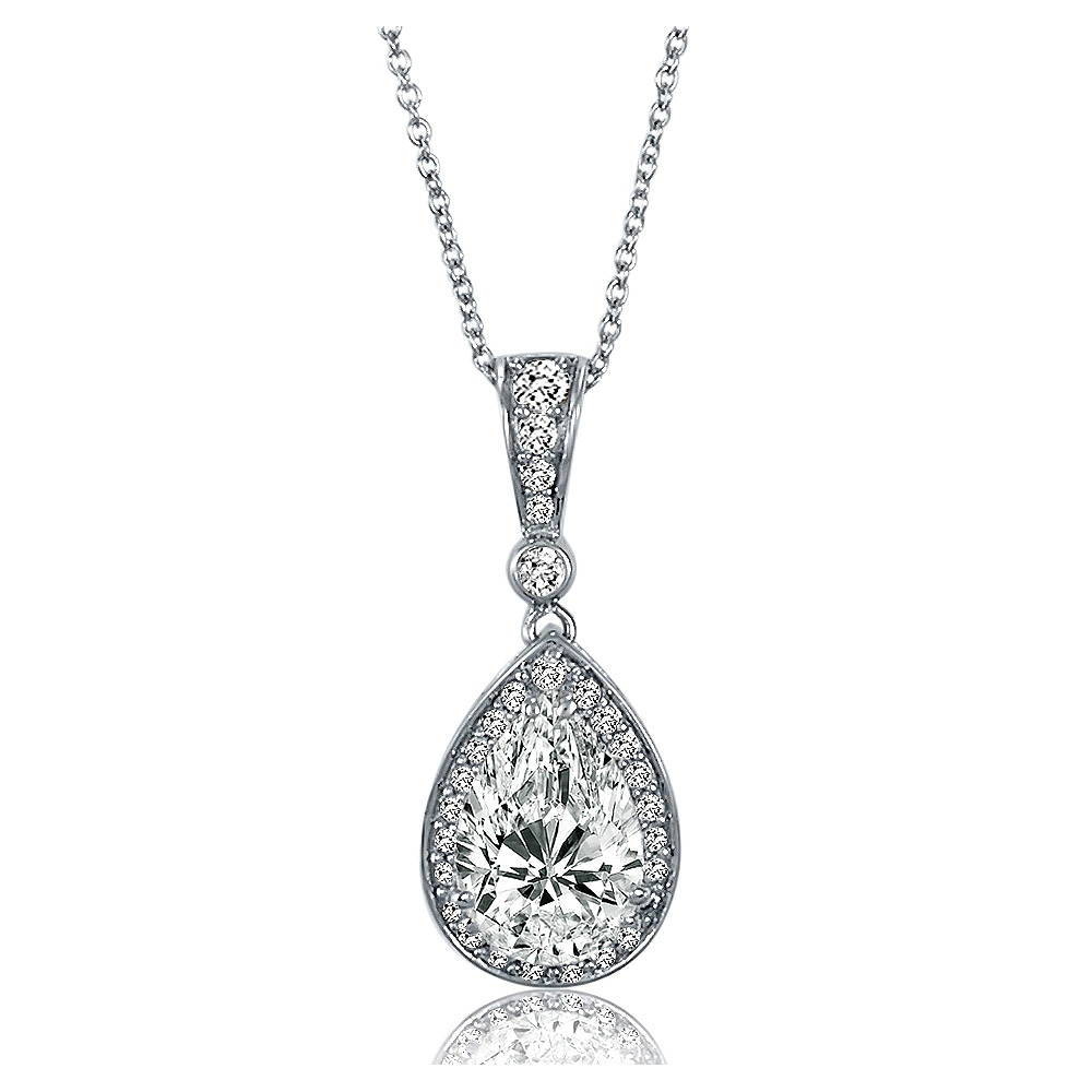 Front view of Halo Pear CZ Pendant Necklace in Sterling Silver, 3 of 5