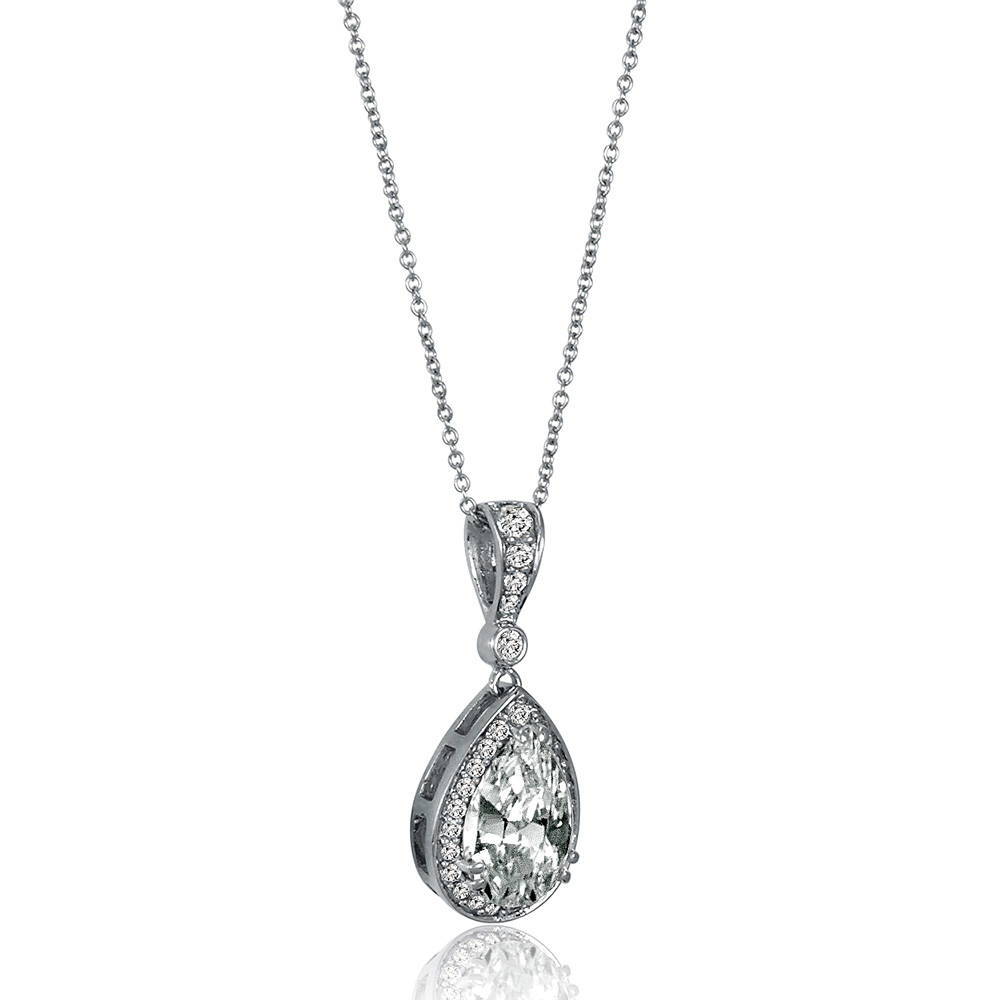 Angle view of Halo Pear CZ Pendant Necklace in Sterling Silver, 4 of 5