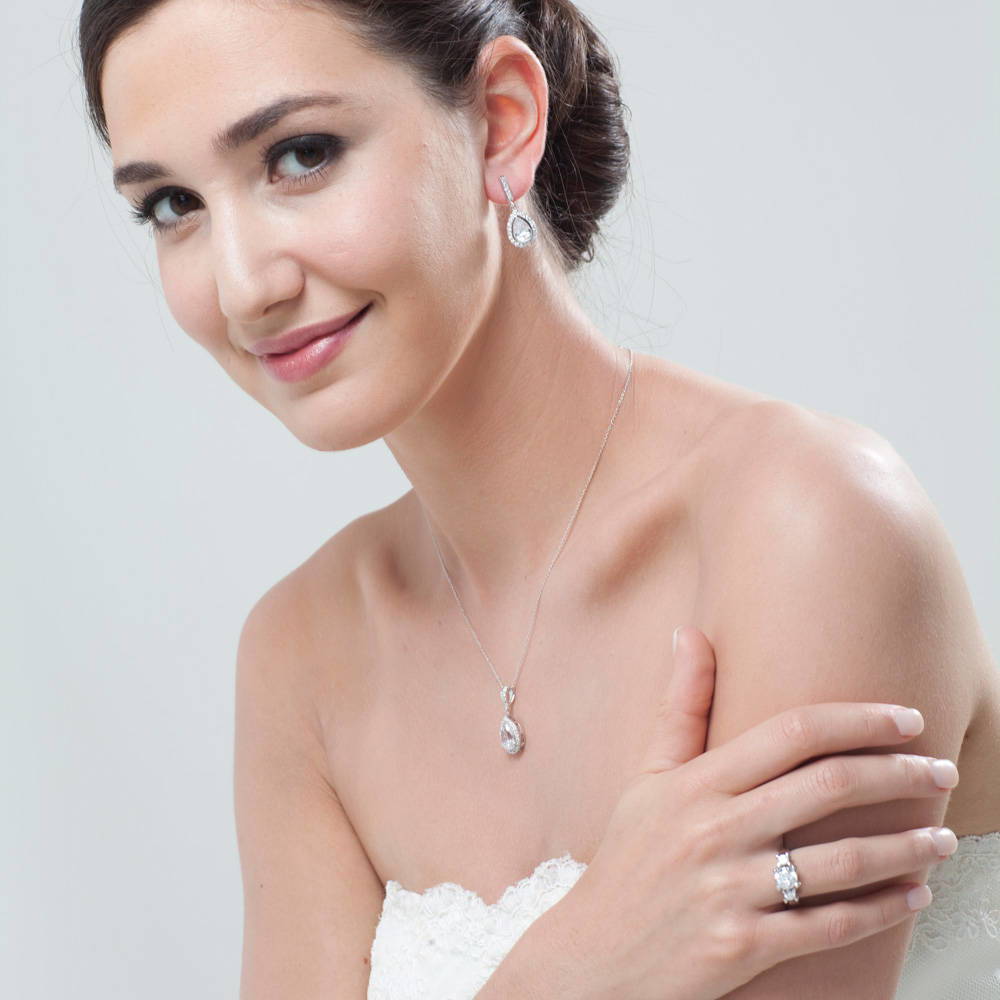 Halo Pear CZ Necklace in Sterling Silver