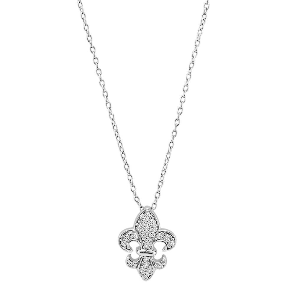 Fleur De Lis CZ Pendant Necklace in Sterling Silver