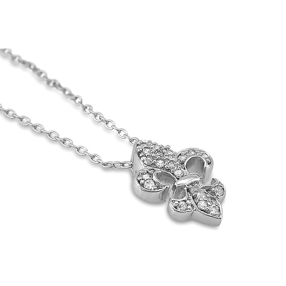 Front view of Fleur De Lis CZ Necklace and Earrings Set in Sterling Silver, 6 of 12