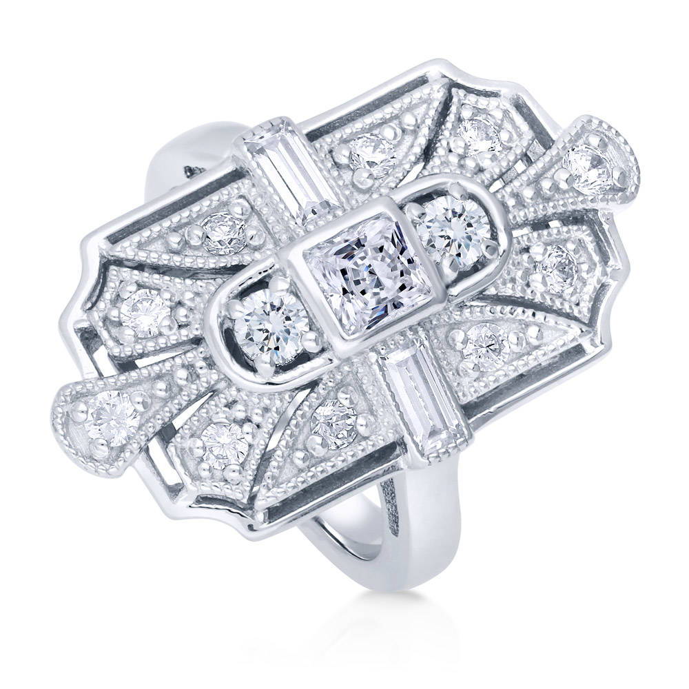 Art Deco Milgrain CZ Statement Ring in Sterling Silver