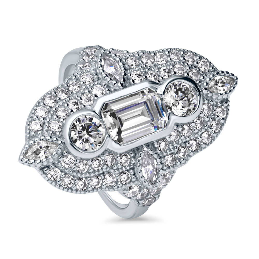 Art Deco Milgrain CZ Statement Ring in Sterling Silver