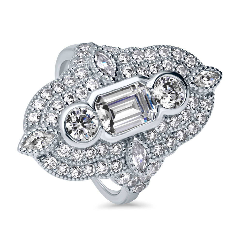 Front view of Art Deco Milgrain CZ Statement Ring in Sterling Silver, 4 of 8