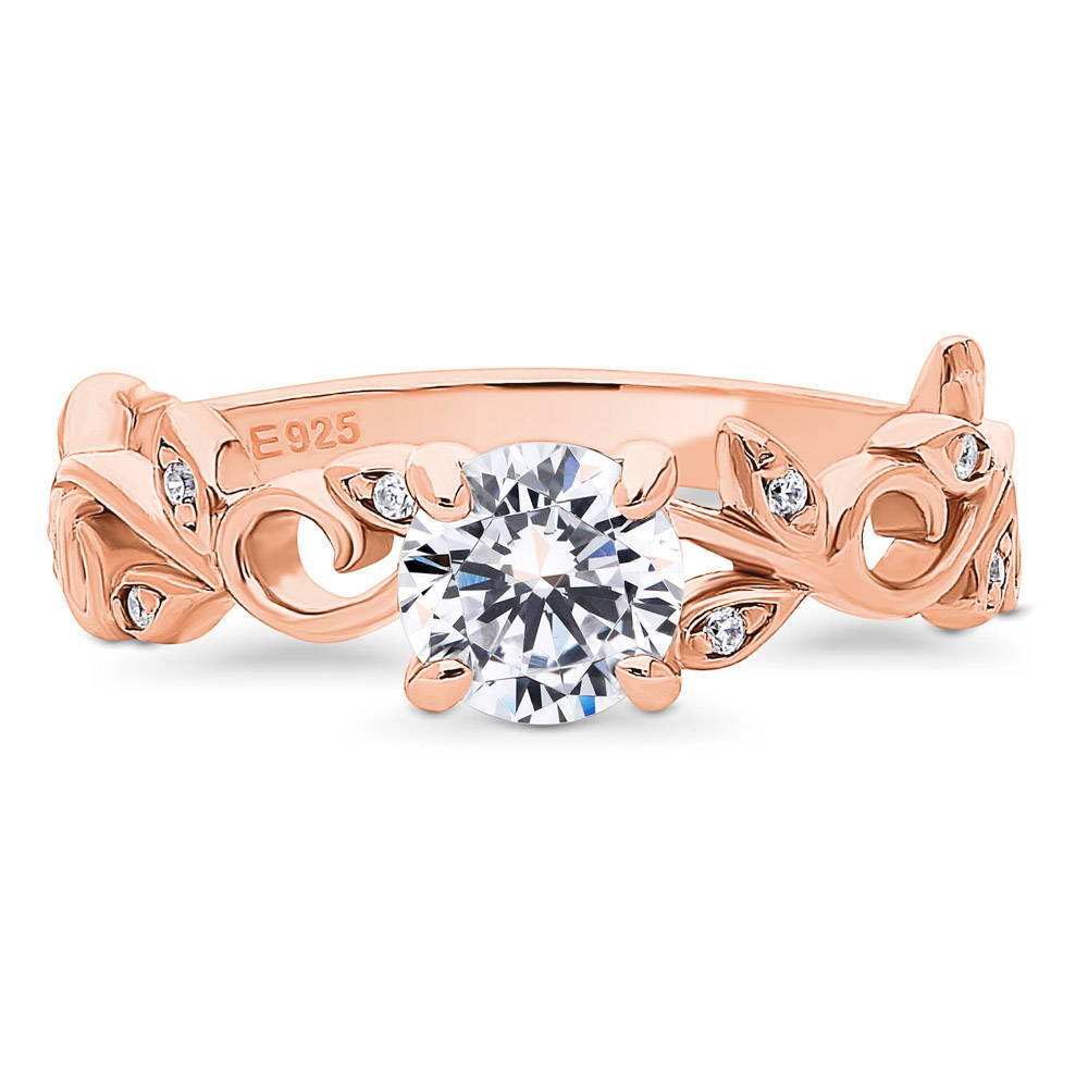 Solitaire Leaf 0.8ct Round CZ Ring in Rose Gold Plated Sterling Silver