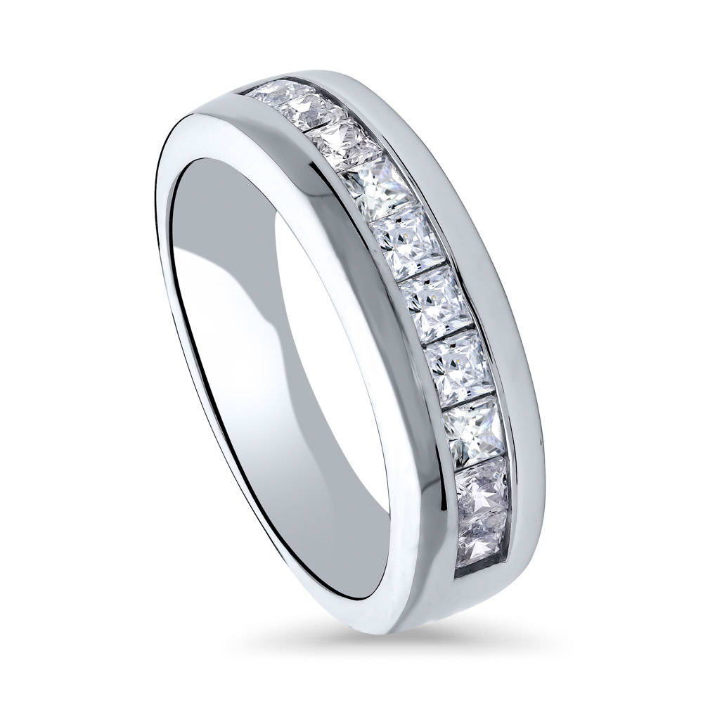 Front view of Channel Set Princess CZ Half Eternity Ring in Sterling Silver, 2 of 4