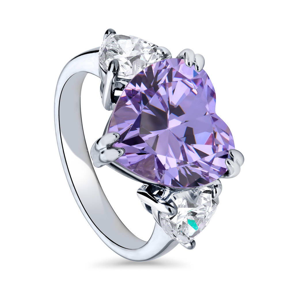 Front view of 3-Stone Heart Purple CZ Statement Ring in Sterling Silver, 4 of 7