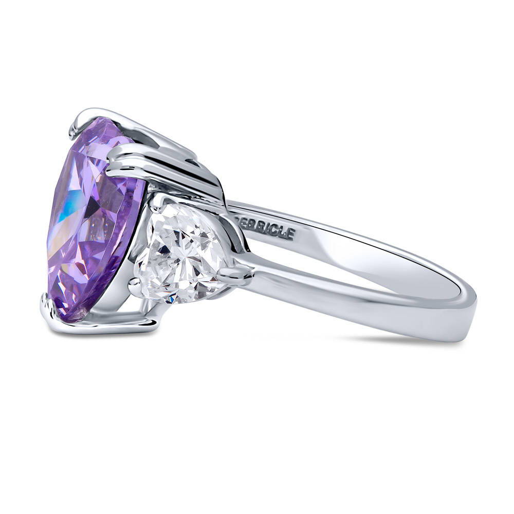 Angle view of 3-Stone Heart Purple CZ Statement Ring in Sterling Silver, 5 of 7
