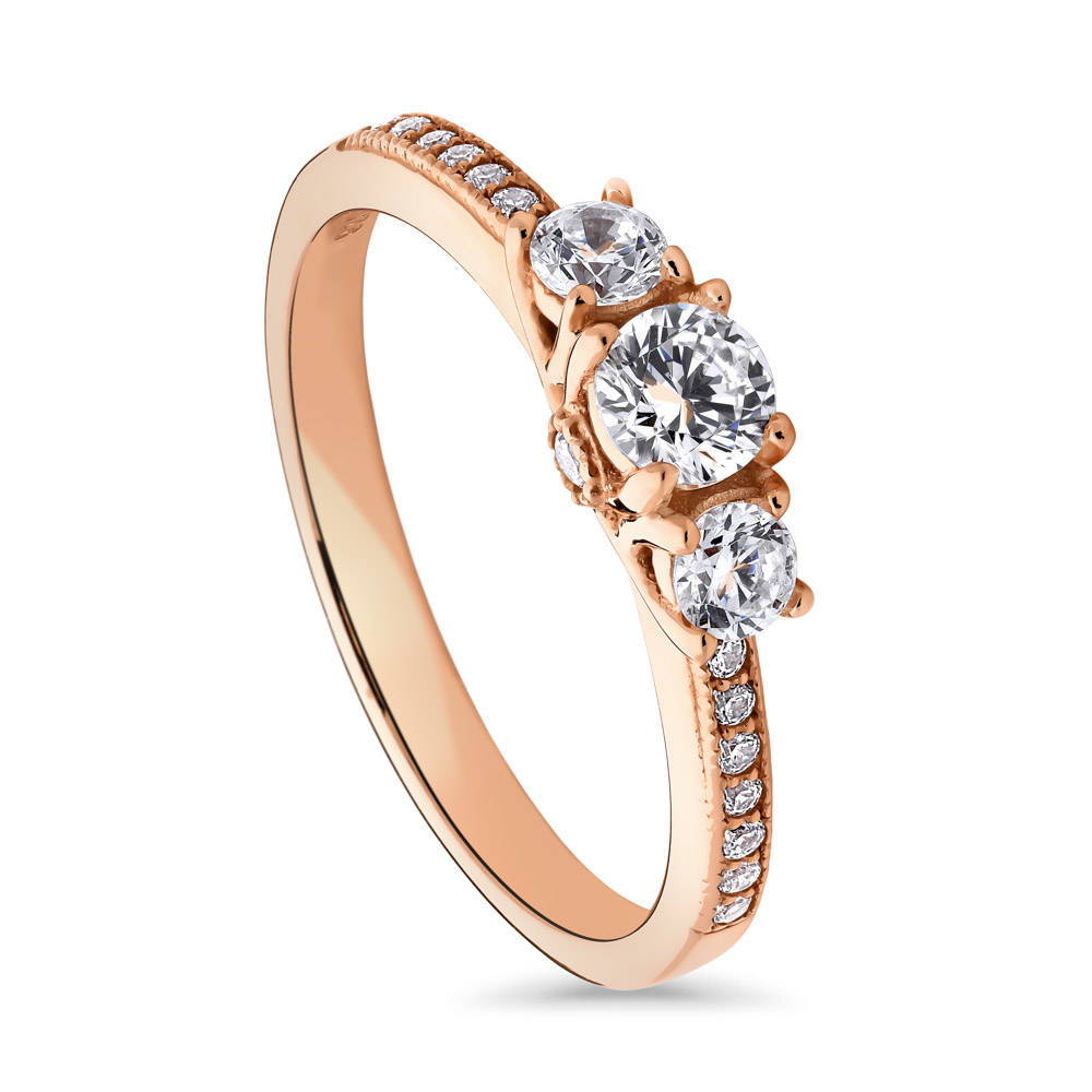 3-Stone Round CZ Ring in Rose Gold Plated Sterling Silver