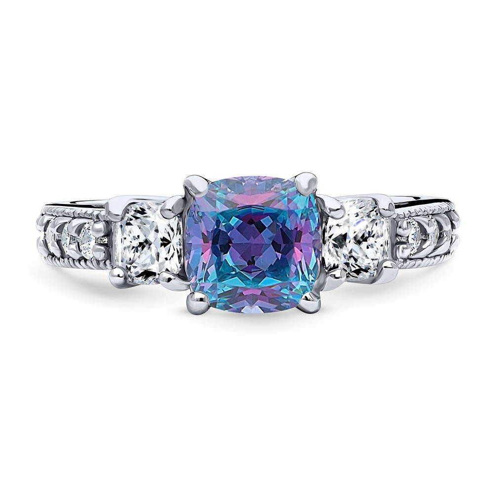 3-Stone Kaleidoscope Purple Aqua Cushion CZ Ring in Sterling Silver