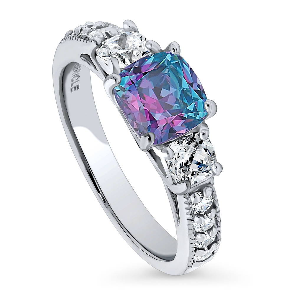 3-Stone Kaleidoscope Purple Aqua Cushion CZ Ring in Sterling Silver