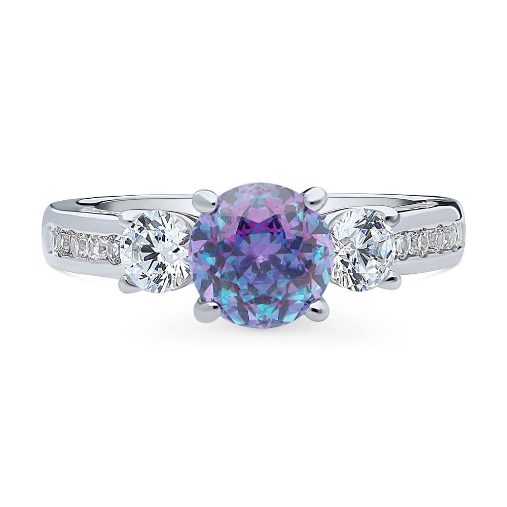 3-Stone Kaleidoscope Purple Aqua Round CZ Ring in Sterling Silver