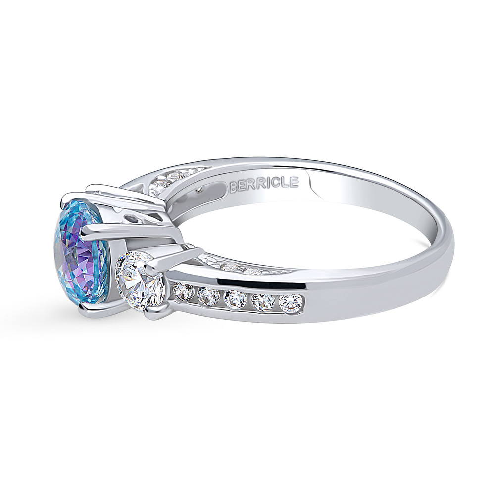 3-Stone Kaleidoscope Purple Aqua Round CZ Ring in Sterling Silver