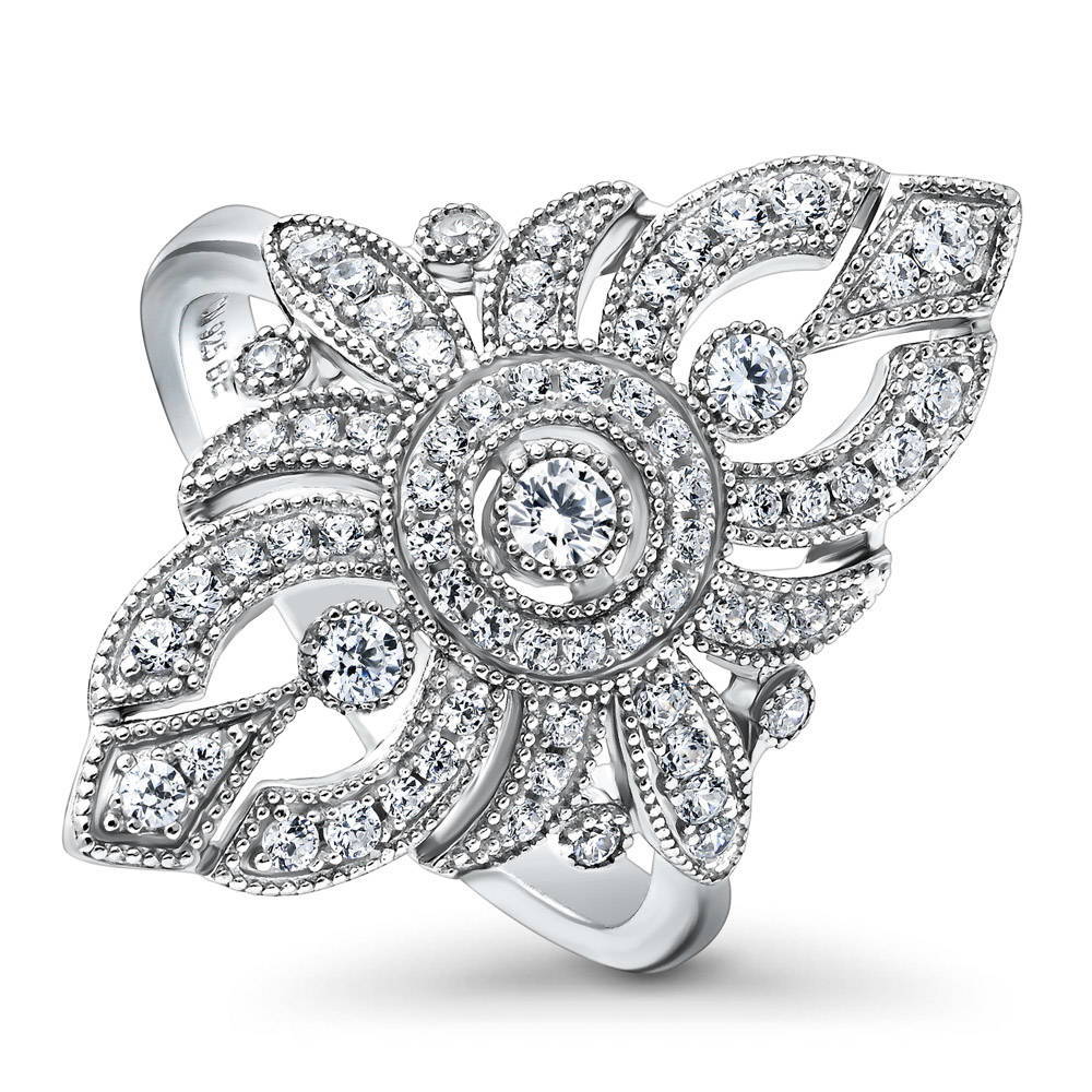 Navette Art Deco CZ Statement Ring in Sterling Silver