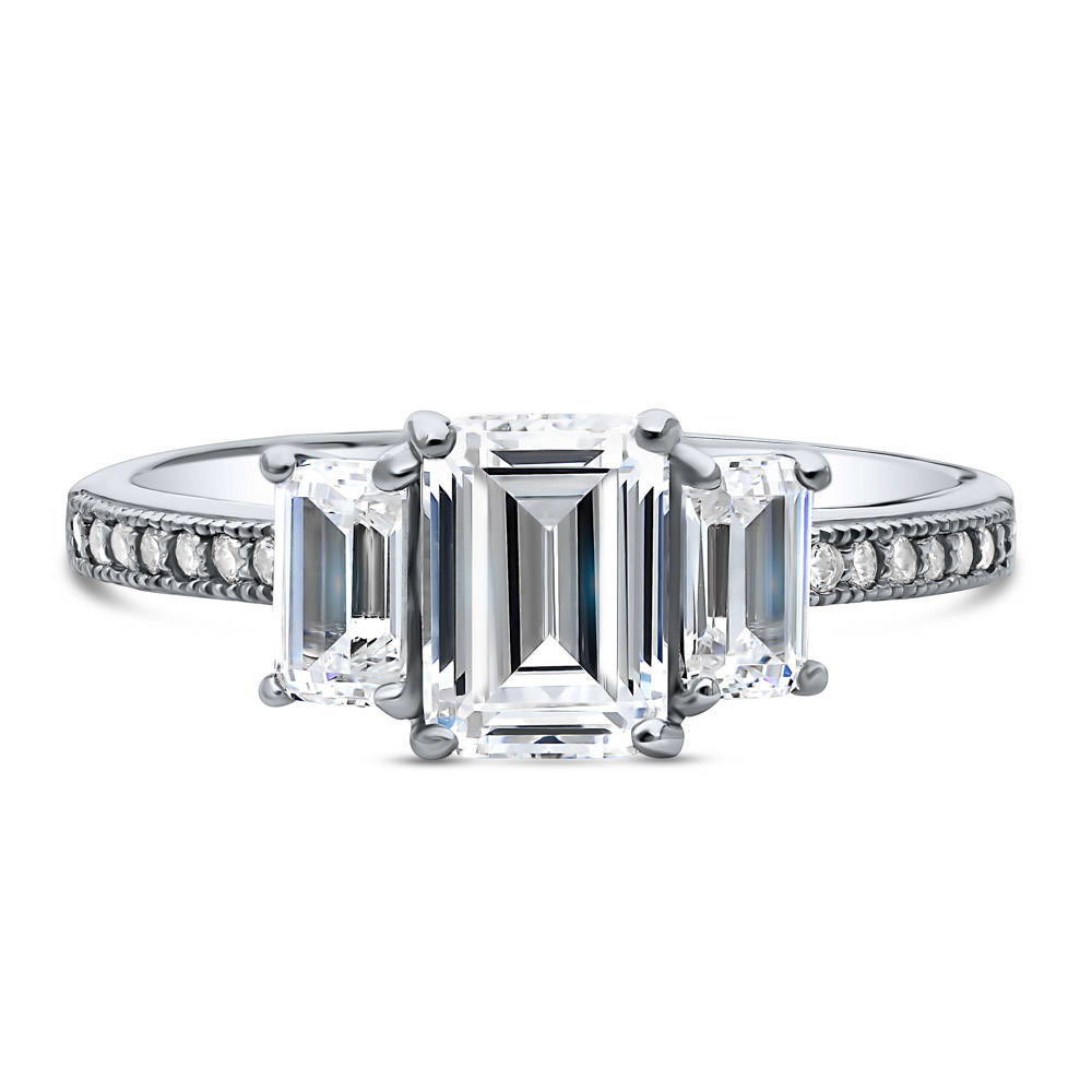 3-Stone Emerald Cut CZ Ring in Sterling Silver, 1 of 6