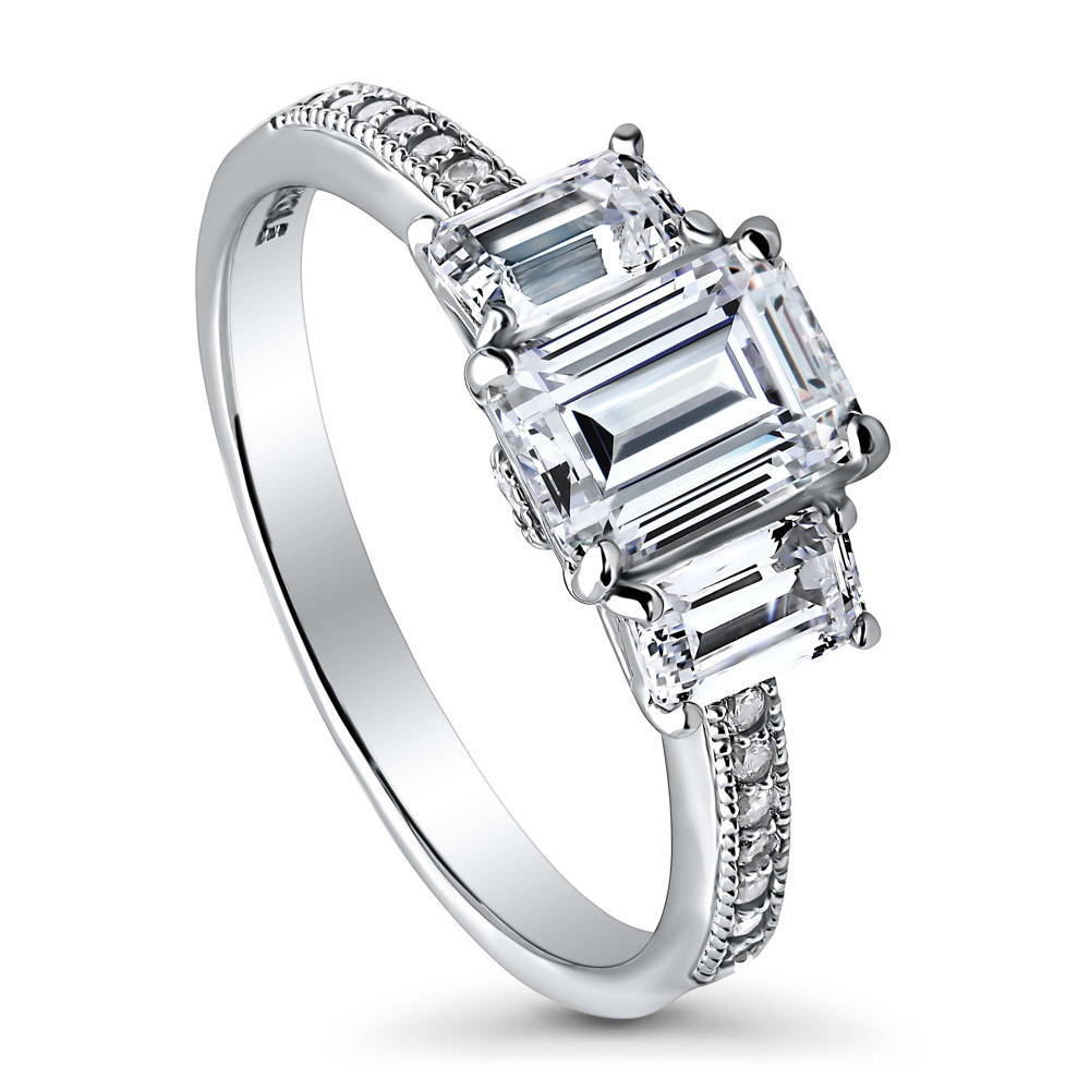 Front view of 3-Stone Emerald Cut CZ Ring in Sterling Silver, 4 of 6