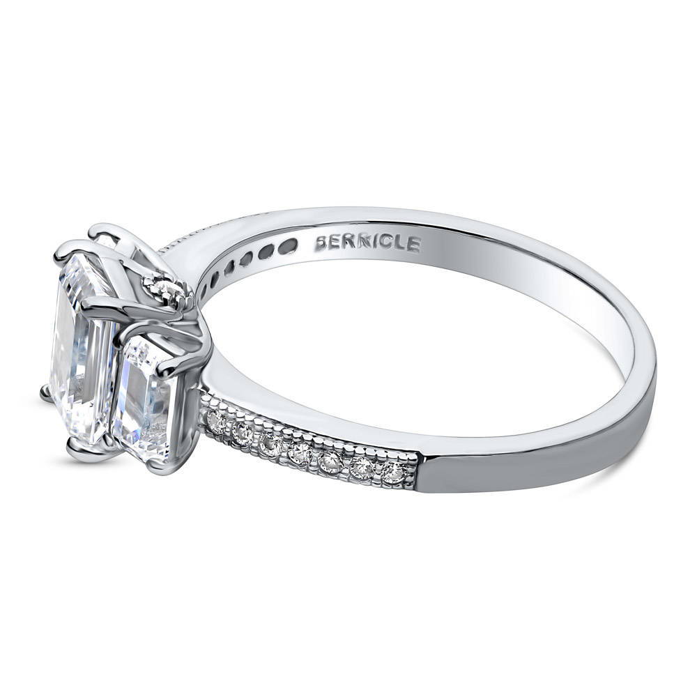 Angle view of 3-Stone Emerald Cut CZ Ring in Sterling Silver, 5 of 6
