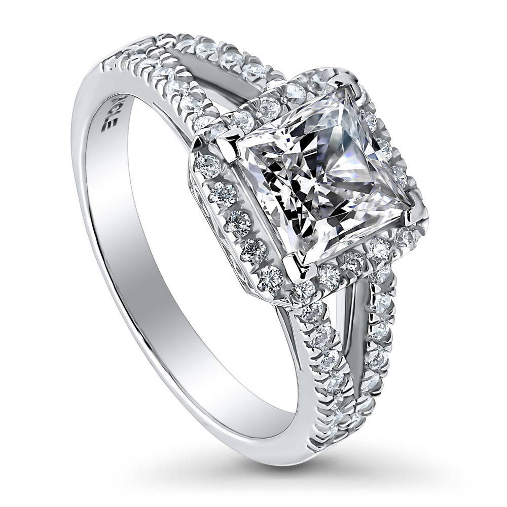 Halo Princess CZ Split Shank Ring in Sterling Silver