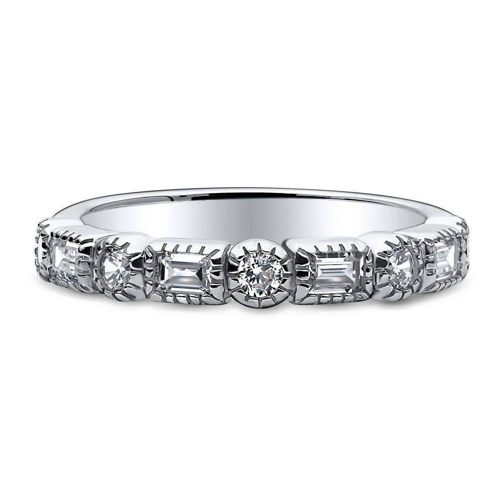 Art Deco Milgrain Bezel Set CZ Half Eternity Ring in Sterling Silver